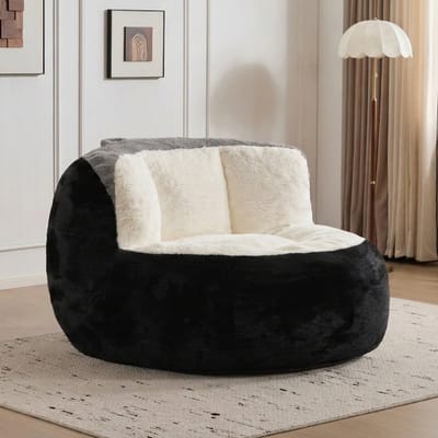 Patchwork Zitzak Fauteuil - Imitatie Konijnenbont - Hoogdichtheid Versnipperd Schuim - Ergonomisch Ontwerp - Loungestoel voor Woonkamer, Slaapkamer en Kinderkamer - Max. 200 kg-Zwart-wit-grijs gemengd