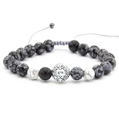 Victorious Natuurstenen Kralen Armband Heren – Zilveren Leeuw – Zwart/Wit – 19cm