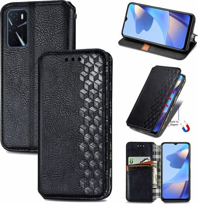 Luxe PU Lederen Ruitpatroon Wallet Case + PMMA Screenprotector voor OPPO A16 / A16s / A54s _ Zwart