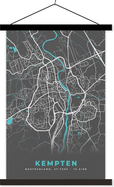 Posterhanger incl. Poster 40x60 cm - Schoolplaat - Kempten – Stadskaart – Blauw – Plattegrond – Stadskaart – Kaart - Duitsland - Textielposter - Zwarte latten - Stadskaart