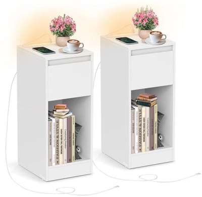 Signature Home Nachtkastje Set van 2 - Slanke nachtkastjes met oplaadstation en ledverlichting - slanke bijzettafels - USB-poorten - lade en open vak - wit - 30 x 25 x 59.5 cm