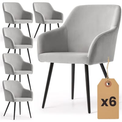 Set van 6 Eetkamerstoelen ESTELLE met Armleuningen / Gestoffeerde Stoelen / Fluwelen Stoelen en Metalen Poten / Grijs met zwarte benen