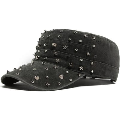 Klinknagel Platte Pet Dames Mode Punk Rock Hip Hop Pet Baseballpet Y2K Heren Vintage Militaire Pet Retro Klep Trucker Petten Verstelbaar Adjustable black