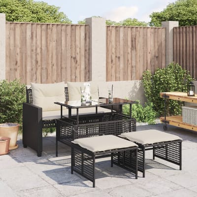 vidaXL - 4-delige - Loungeset - met - kussens - poly - rattan - en - glas - zwart