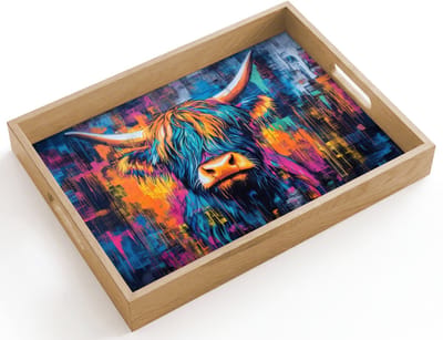 Dienblad hout 40x30 cm - Schootdienblad - Schotse Hooglander - Abstract - Kleurrijk - Borrelplank rechthoek - Plateau dienbladen