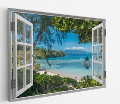 Saammp Canvas Schilderij - tropisch Strand en zee - Natuur - Doorkijk - 45x30 - Foto op canvas - Wanddecoratie - Muurdecoratie Woonkamer - Slaapkamer decoratie - Canvas Print