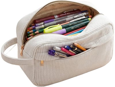 pennenetui groot formaat - corduroy stof - wit - ideaal voor school en kantoor - ShopVlot