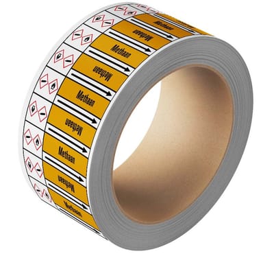 Methaan leidingmarkering op rol, 25 meter 75 mm