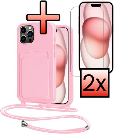Hoes Geschikt voor iPhone 14 Pro Hoesje Pasjeshouder Cover Met Koord Case Siliconen Hoes Met Telefoonkoord en Kaarthouder Met 2x Screenprotector - Lichtroze