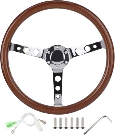 Dailygoody - Stuurwiel - Retro 15 inch - Houten handgreep - Roestvrijstalen spaken - Universeel geschikt voor de meeste automodellen