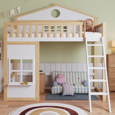 Hoogslaper - 90x200cm - Kinderbed Met Huisje En Raam - Vrij Inrichtbaar Onderbed - Hout/MDF - Wit/Naturel