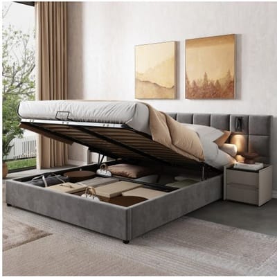 Lit rembourré - MUVOE - 160x200 cm - Acier - Avec rangement - Liseuse et USB gris
