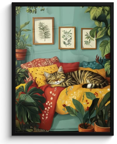 Poster in lijst - Fotolijst 50x70 cm - Posters - Kat - Planten - Groen - Posterlijst zwart - Decoratie - Wanddecoratie woonkamer - Muurdecoratie slaapkamer
