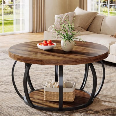 Tribesigns ronde Salontafel - Salontafel met Twee Niveaus en Opbergplanken - Bijzettafel Bruin - Tafel - Sidetable voor Woonkamer, Thuiskantoor - 80 x 80 x 45 cm