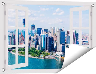 Gards Tuinposter Doorkijk New York Als een Eiland vanuit de Lucht - 60x40 cm - Tuindoek - Tuindecoratie - Wanddecoratie buiten - Tuinschilderij