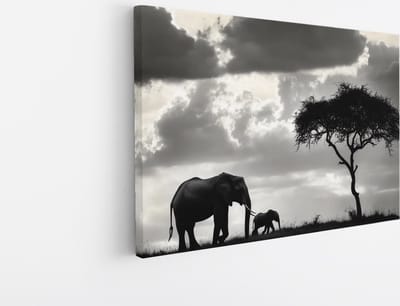 Saammp Canvas Schilderij - Olifanten - Zwart-Wit - Silhouet - Abstract - Dieren - 45x30 - Foto op canvas - Wanddecoratie - muurdecoratie Woonkamer - Slaapkamer decoratie - Canvas Print