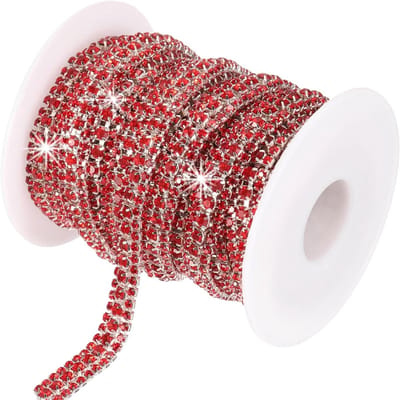 6m Rhinestone Chain Roller met 3 Rijen Kristallen, Decoratieve Strip voor Kleding, DIY Kostuum Versiering en Tasrand Versiering in Zilver/Rood