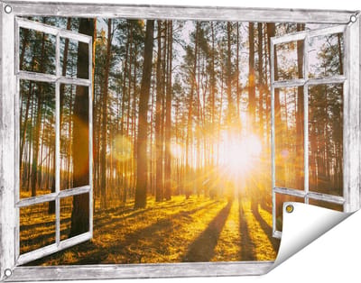 Gards Tuinposter Doorkijk Zonsopkomst in het Bos tussen de Bomen - 90x60 cm - Tuindoek - Tuindecoratie - Wanddecoratie buiten - Tuinschilderij