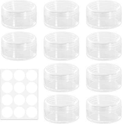 Kleine transparante potjes van 10 ml met schroefdeksel en 12 labels voor cosmetica, nagelkunst en monsterverpakkingen