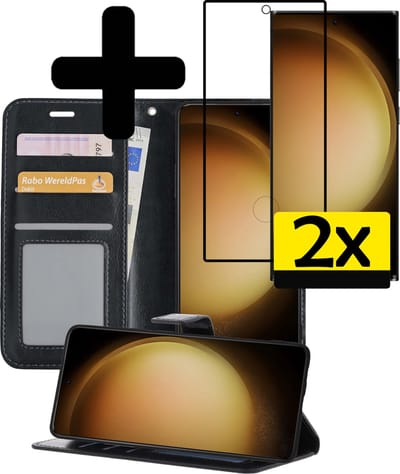 Hoesje - Met 2x Screenprotector - Geschikt voor Samsung Galaxy S23 Ultra - Luxe Pasjeshouder - Bookcase Portemonee - Flip Case - Kunstleer Book Case - Flipcase Hoes - Book Cover - Walletcase - Portemonneehoes - Telefoonhoesjes - Zwart