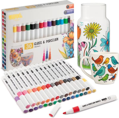 Joya Creative 30 Luxe Porselein Stiften Set - Afwasbaar - Voor Porselein en Glas - Flexibele Penseelpunt - Stiften voor Volwassenen