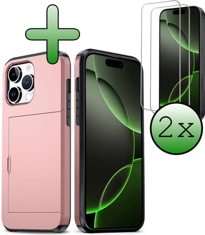Hoes Geschikt voor iPhone 16 Pro Hoesje Hard Case Met Pas Houder Met 2x Screenprotector - Hoesje Geschikt voor iPhone 16 Pro Hoes Shockproof Hard Cover Met Kaarthouder - Rosé goud