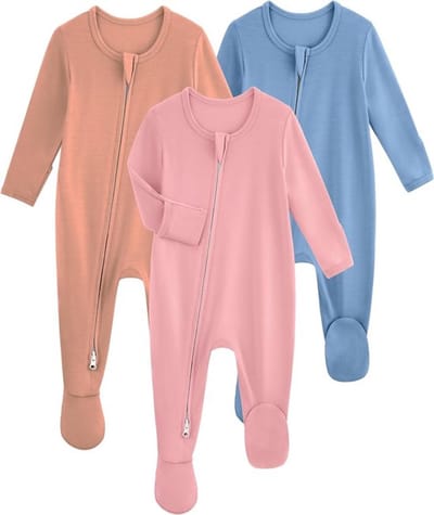 Babypyjama voor jongens en meisjes (0-3 maanden) van bamboe, 3 stuks met wanten in blauw, roze en oranje