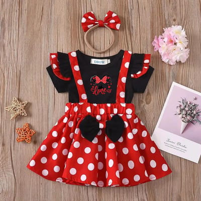 Ensemble 2 pièces Mickey Minnie Mouse Tenue Enfant Bébé Filles Été Soirée Enfants Pois Hauts Jupe Robe Cosplay avec Bandeau Nœud 80 (6-12M) black