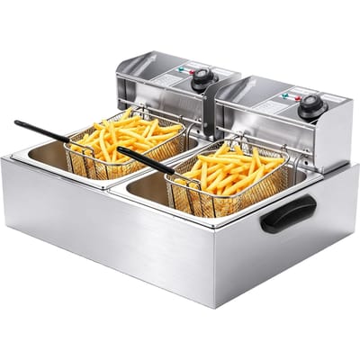 Friteuse électrique double cuve 12L Acier inoxydable avec panier à huile amovible 60 200 degrés Thermostat automatique Lave-vaisselle L gray