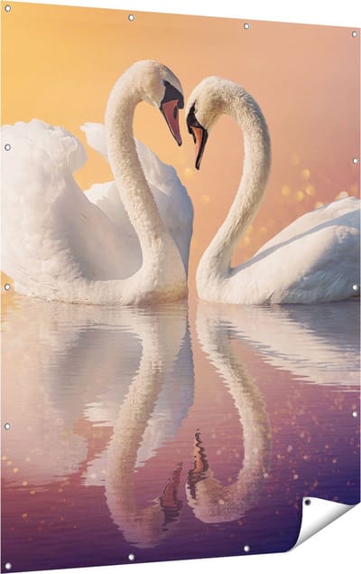Gards Tuinposter Zwanen Koppel in een Hart Vorm - 120x160 cm - Tuindoek - Tuindecoratie - Wanddecoratie buiten - Tuinschilderij