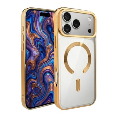 Transparant goudkleurig telefoon hoesje met metallic randen – geschikt voor iPhone 17 Pro Max MagSafe – luxe backcover met MagSafe ring en camera bescherming