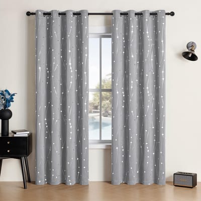 Pak van 2 Zilveren Print Verduisterende Gordijnen Verduisterende Raamgordijnen Voor Woonkamer, Raambekleding Met Golflijnen Stippen En Pla 52W 63L inch&Grommet Top gray