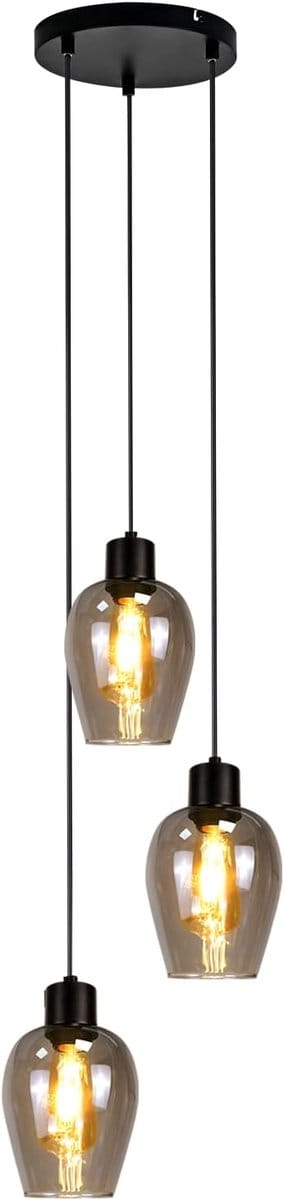 Glitzerlife - Hanglampen - Retro-Industriële stijl - 3xE27 - rookgrijs glaskap - mat zwart metaal - hoogte verstelbaar - Ø22cm - Eetkamer Slaapkamer Woonkamer - Eetkamer Industrieel