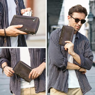 Lange Telefoon Tas met Rits, Echte Leren Portemonnee, Kaartenhouder in Koffiekleur - Perfect voor Dagelijks Gebruik en Cadeaus