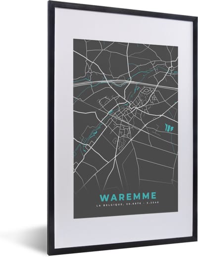 Fotolijst incl. Poster - Plattegrond – Waremme – Blauw – Stadskaart - Kaart - 40x60 cm - Posterlijst