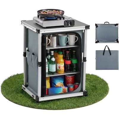 VEVOR opvouwbare campingkeuken, draagbare campingkast met 3 planken, extern vak en MDF-tafelblad, draagvermogen tot 30 kg, keukenstation voor picknicks, barbecues, feesten, kamperen en camperreizen.