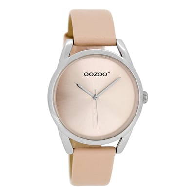 OOZOO Timepieces - Zilverkleurige horloge met poeder roze leren band - JR291