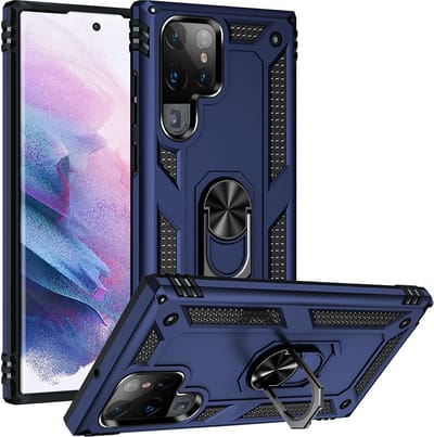 MobyDefend Hoesje - Geschikt voor Samsung Galaxy S22 Ultra - Pantsercase Met Draaibare Ring - Blauw