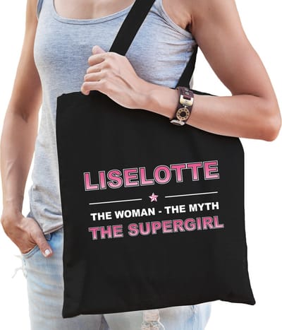 Naam cadeau Tasje voor Liselotte - The woman, The myth the supergirl - katoenen - zwart - verjaardag - moederdag - collega - vriendin