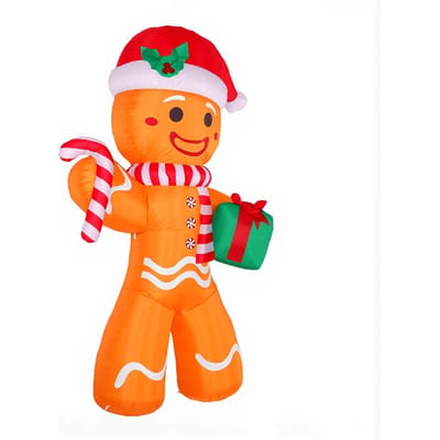 Homme en Pain d'Épice Gonflable de Noël de 2,4 m avec Canne en Sucre Boîte Cadeau Gonflable Décoration de Jardin avec Lumières pour Fête Extérieure