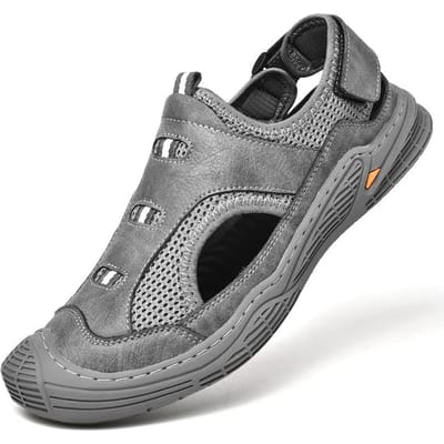 Sandalen Zomer Nieuw Echt Leer Teendoos Gat Strand Schoenen Buiten Ademend Heren Zacht Leer Platform Herenschoenen 46 grijze kleur