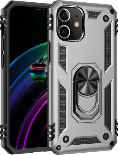 MobyDefend Hoesje - Geschikt voor iPhone 12 / 12 Pro - Pantsercase Met Draaibare Ring - Zilvergrijs