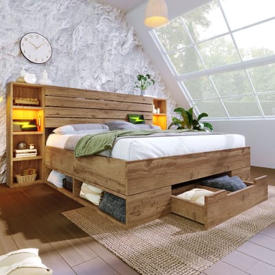 OKWISH Tweepersoonsbedden 160x200 cm - Opbergbed Met Massief Houten Lades, LED Verlichting En USB C Oplaadfunctie - Praktisch Bed Met Opbergruimte - Metaal - Eiken