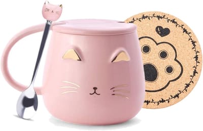 Schattige keramische kattenmok met deksel en lepel, perfect voor koffie, thee en warme chocolademelk, ideaal als cadeau voor verjaardagen en feestdagen