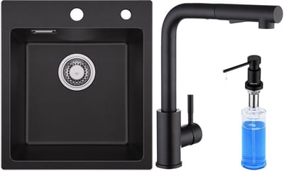 SOFETIY MAX Spoelbak Keuken 40x45CM - Spoelbakken Graniet Met Keukenkraan en Zeepdispenser 300ML - Enkele spoelbak Zwart - Met waterafvoersysteem - Voor 40 cm kast