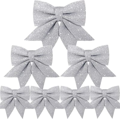 7-delige Kerstboom Strik Set - Zilveren Decoratie Strikken voor Kerstboom en Kransen - 15cm/18cm/24cm