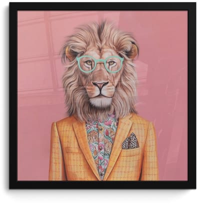 Poster in lijst - Fotolijst 40x40 cm - Posters - Leeuw - Pak - Geruit - Bril - Posterlijst zwart - Decoratie - Wanddecoratie woonkamer - Muurdecoratie slaapkamer
