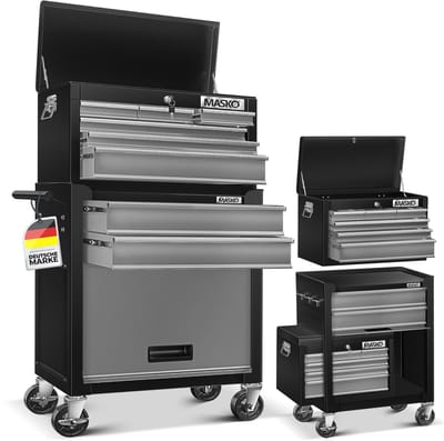 MASKO® Werkplaatswagen incl. koffer - 9 vakken Afsluitbaar Massief metaal, gereedschapswagen zonder gereedschap, wagen voor het opbergen van gereedschap met slot - Zwart / Grijs