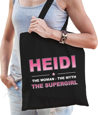 Naam cadeau Tasje voor Heidi - The woman, The myth the supergirl - katoenen - zwart - verjaardag - moederdag - collega - vriendin