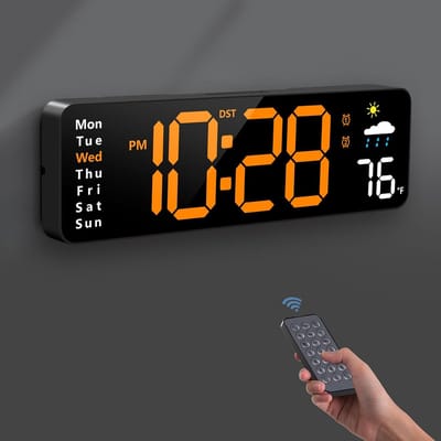 Grote digitale klok met afstandsbediening, speciaal ontworpen voor senioren, geschikt voor woonkamers, slaapkamers, klaslokalen en kantoren (oranje).